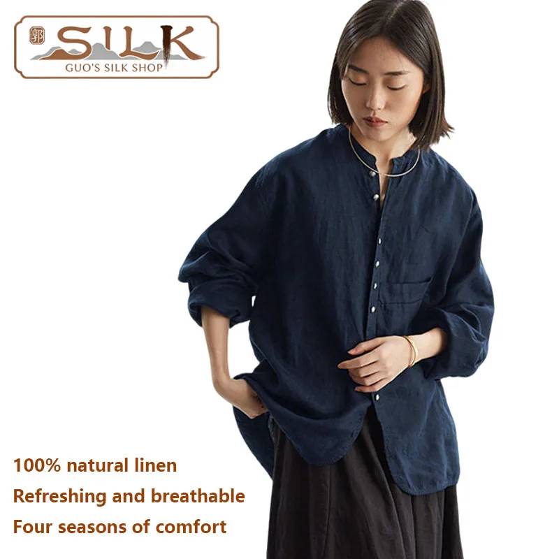 

Natural Pure Linen Women's Shirt Long-sleeved Single-button Blouse Simple and Elegant, Comfortable, Loose-Fitting Casual Shirt