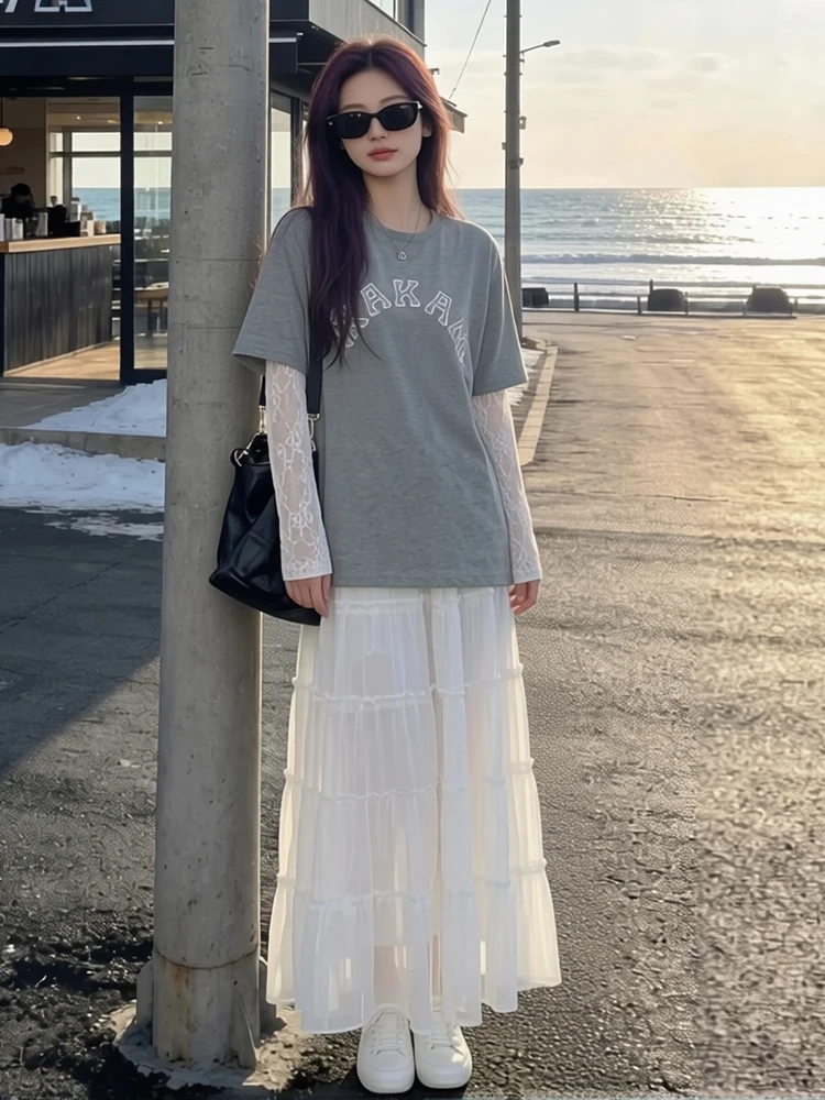 

Korean Sle Long Sve Lace Design Splicing Early Spring Women's T-irt Lace Top Gentle f Skirt Two-Piece Set