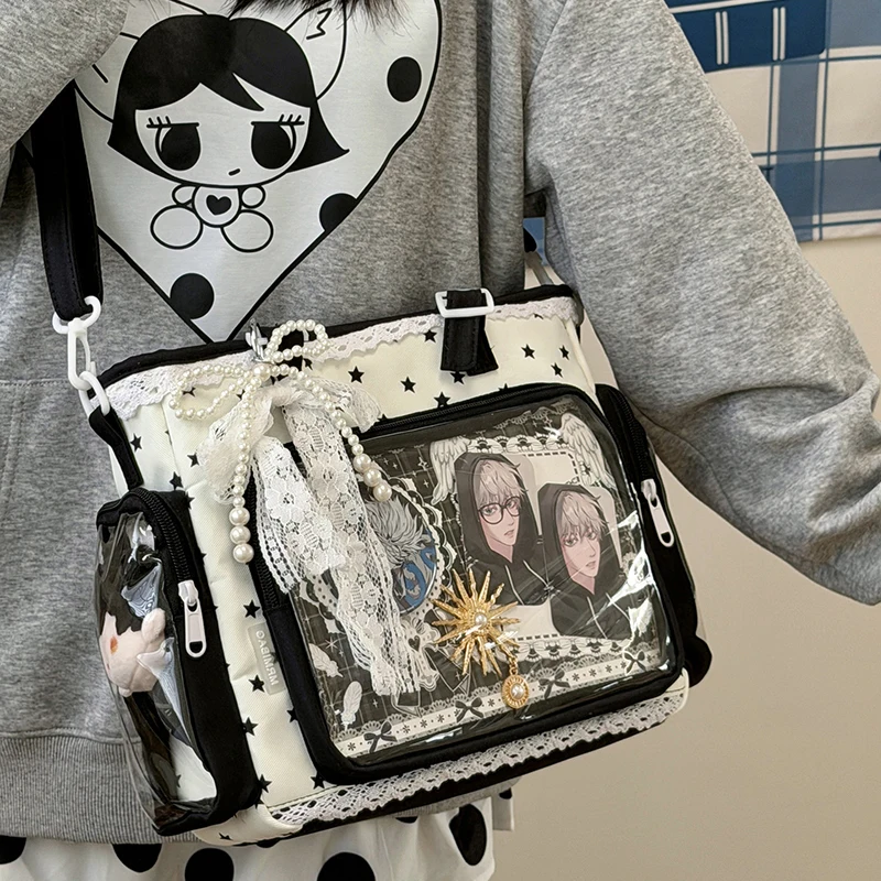 

Кружевная сумка Ita Bag с принтом звезд, в японском студенческом стиле, для девушек, через плечо, большая вместимость, многослойная, с прозрачными карманами, на плечо