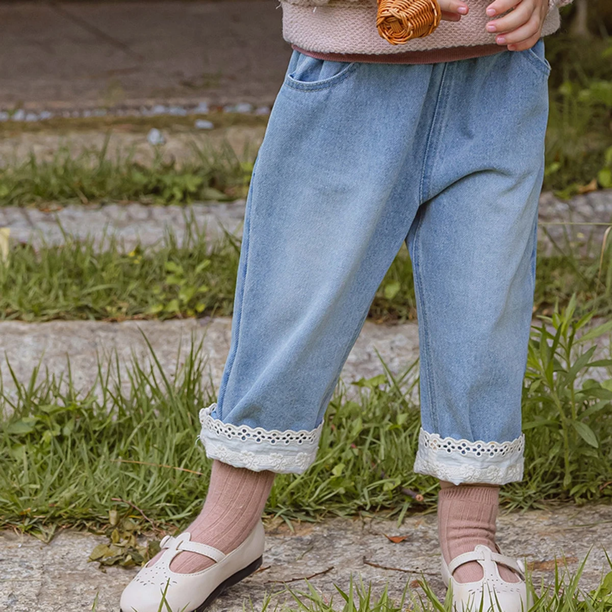 Mode Mädchen Spitze Jeans Für Kinder Casual Elastische Taille Harem Denim Hosen mit Taschen 2-10 Jahre Kinder der Kleidung
