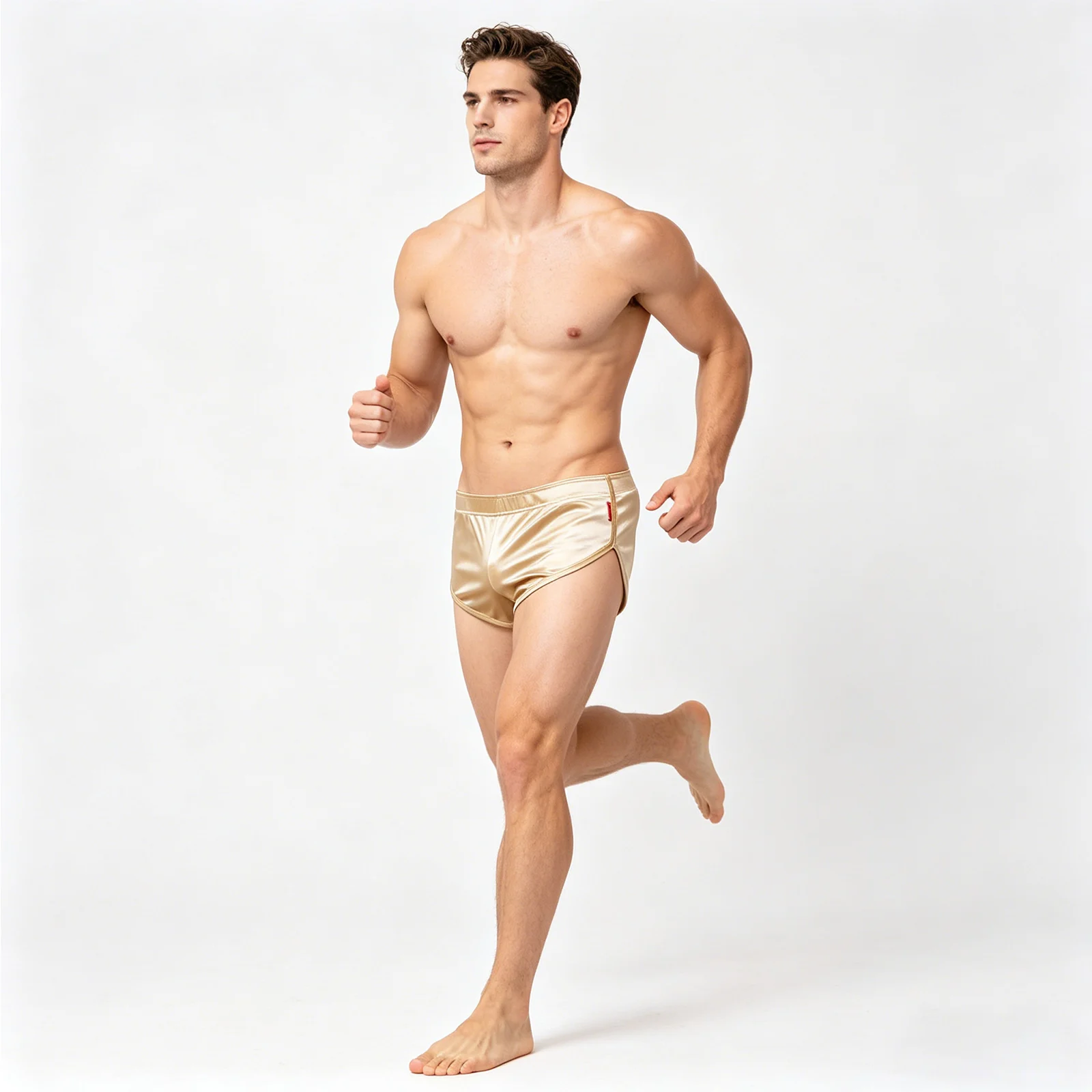 Luxuriöse Herren Schnelltrocknende Satin-Laufshorts mit Niedriger Taille und Seitenschlitz für Fitness, Workout, Sporttraining und Jogging – Detail 4