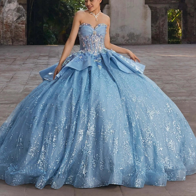 

Sky Blue Quinceanera Dresses Ball Gown Off The Shoulder Applique Lace Beading Crystal Tull Sweet 16 Dress Vestidos 15 De Anos