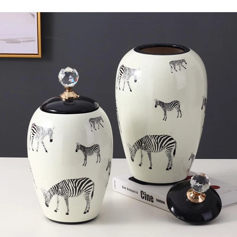 European Zebra Pattern Ceramic Storage Jar Flower Vase Living Room Art Decoration Grain Candy Sealed Home