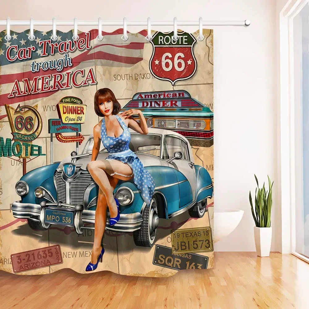 Car Travel Through America Retro Trip Sexy Girl Shower Curtain Set Route 66 Bathroom Fabric Curtains For Bathtub Decor With Hook