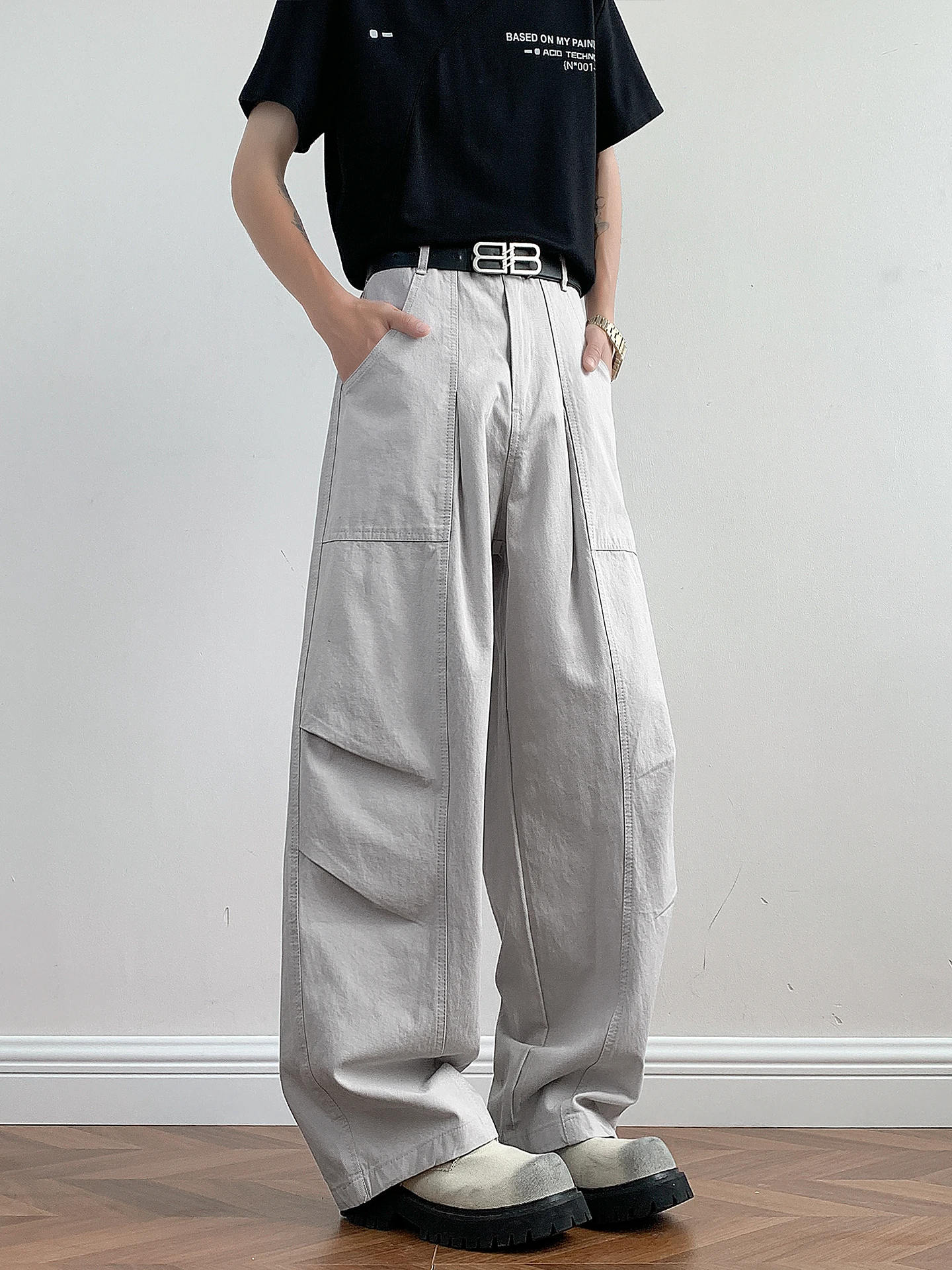 Waed Vintage Men's Casual Pants Loose Drapey Workwear Summer High Street Versatile Pleated Straight Leg Trousers