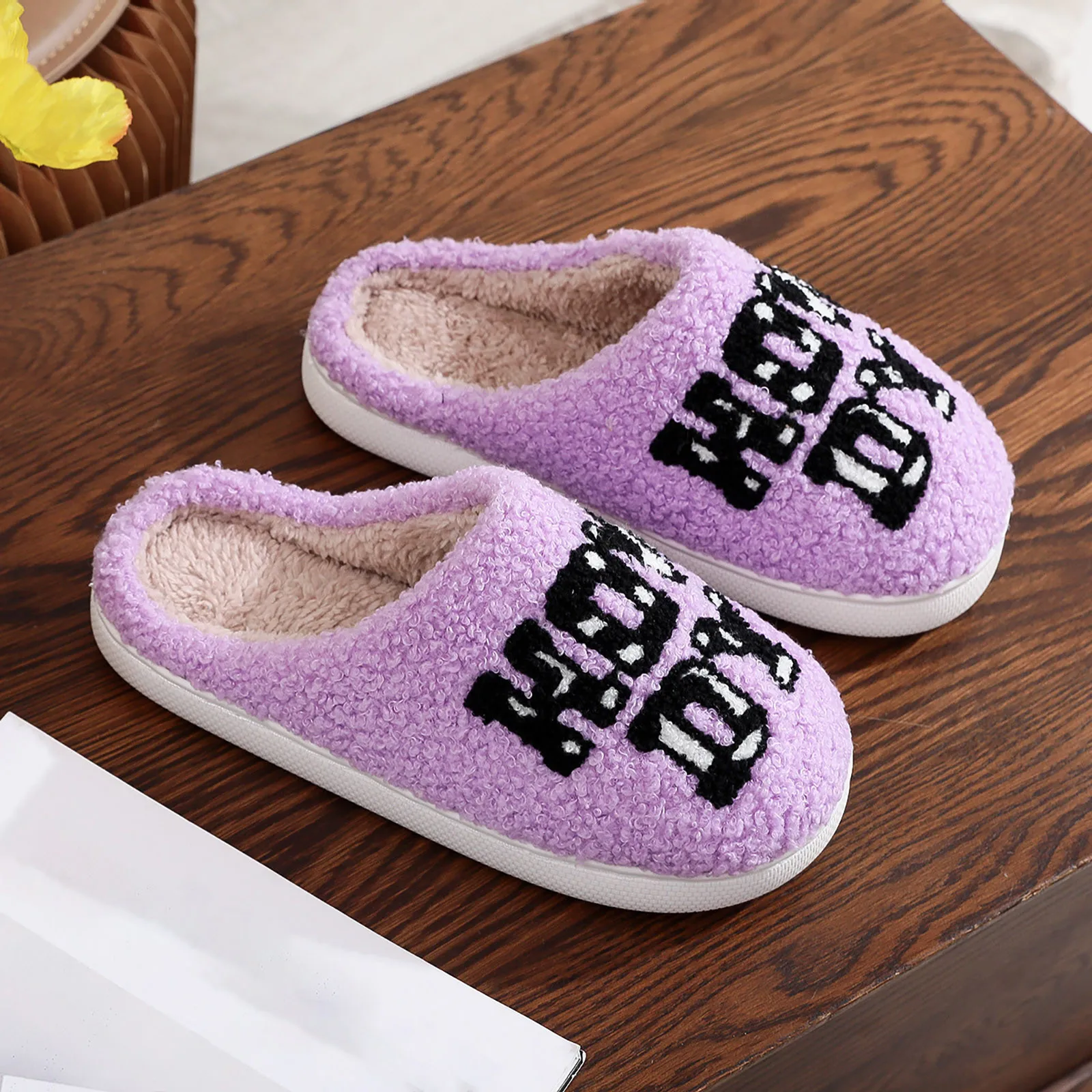 Purple English Letter Plush SlippersFor Women Cute Milk Cow Fluffy Cotton Shoes Girls Fashion Cartoon Indoor Warm Flat Slippers