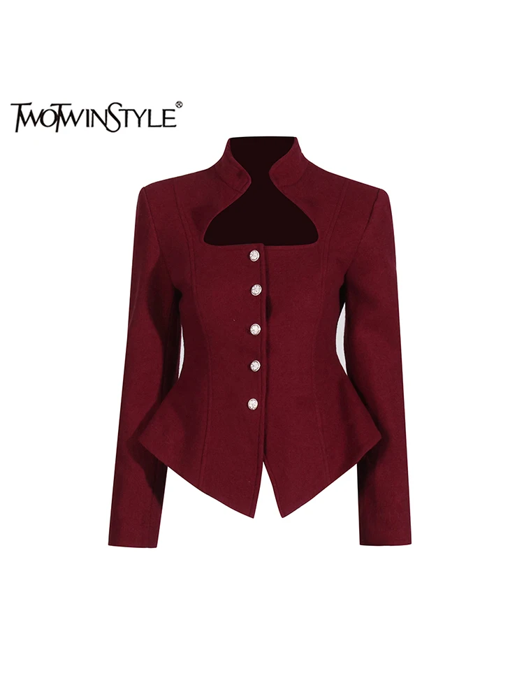 TWOTWINSTYLE Solid Hollow Out Chic Coats For Women Stand Collar Long Sleeve Spliced Button Slimming Jackets Female Fashion New