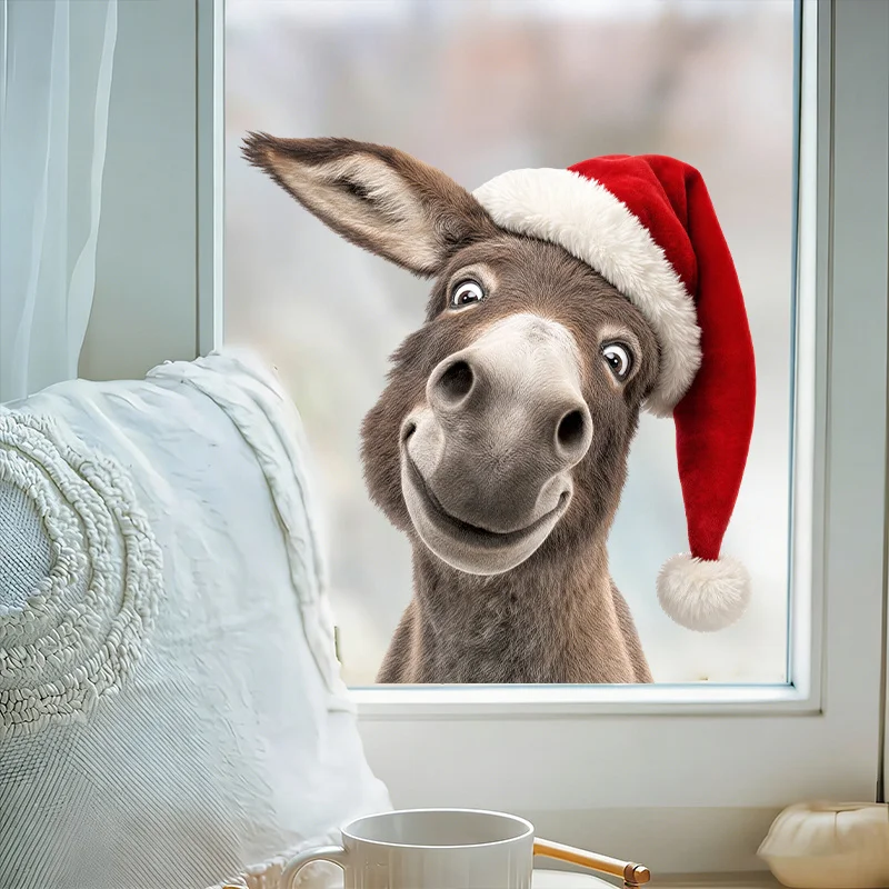 1pc Christmas Static Clings Peeking Donkey Red Santa Hat, Double-Sided Removable Window Stickers for Glass Door Balcony
