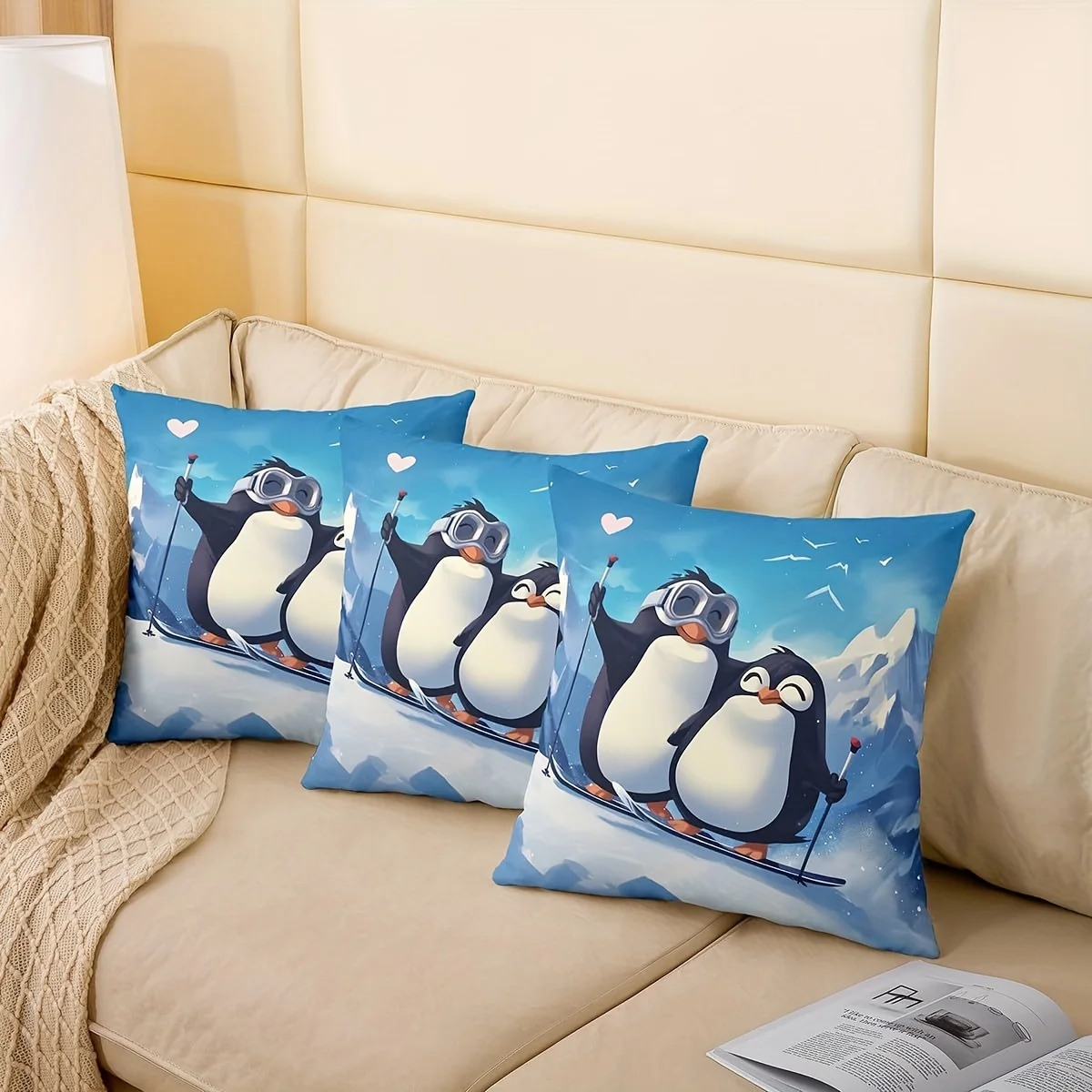 Cute Cartoon Penguin Double-Sided Pillowcase, Lovely Animal Pattern Cushion Cover with Zipper, Washable Decor Case for Sofa