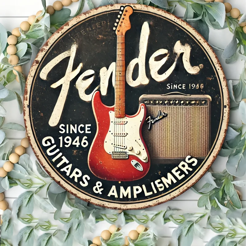 Un morceau de plaque en aluminium associé à « guitares Fender et systèmes sonores » (panneau décoratif rond en aluminium), panneau en aluminium vintage