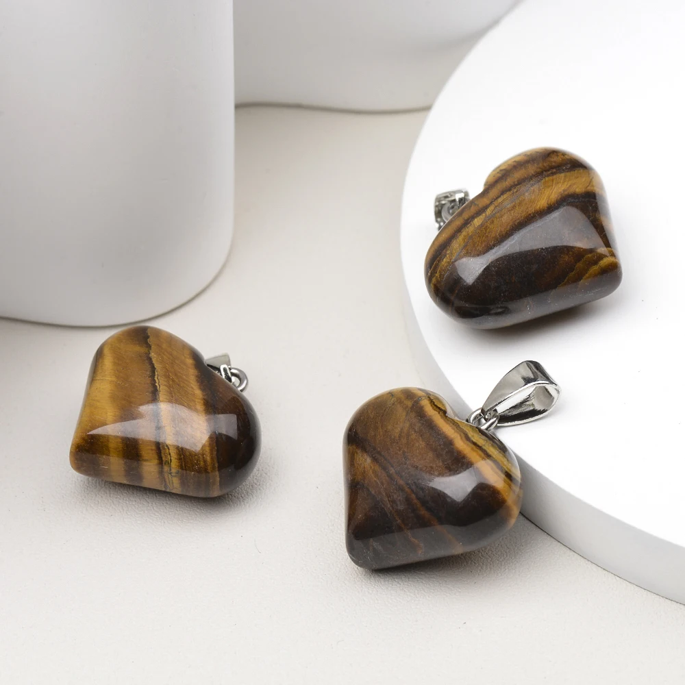 Semi-Precious Gemstone Love Heart Shaped Natural Stone Pendants Tiger Eye Amethyst Agate DIY Necklace Jewelry