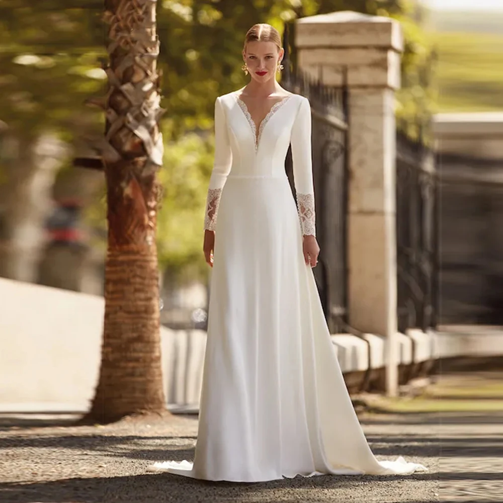 Robe en mousseline de soie sexy à col en V pour femmes, magnifique robe de patients, manches longues, dentelle appliquée, dos ouvert, mariage, bienvenue aux invités, quoi que ce soit, 2023