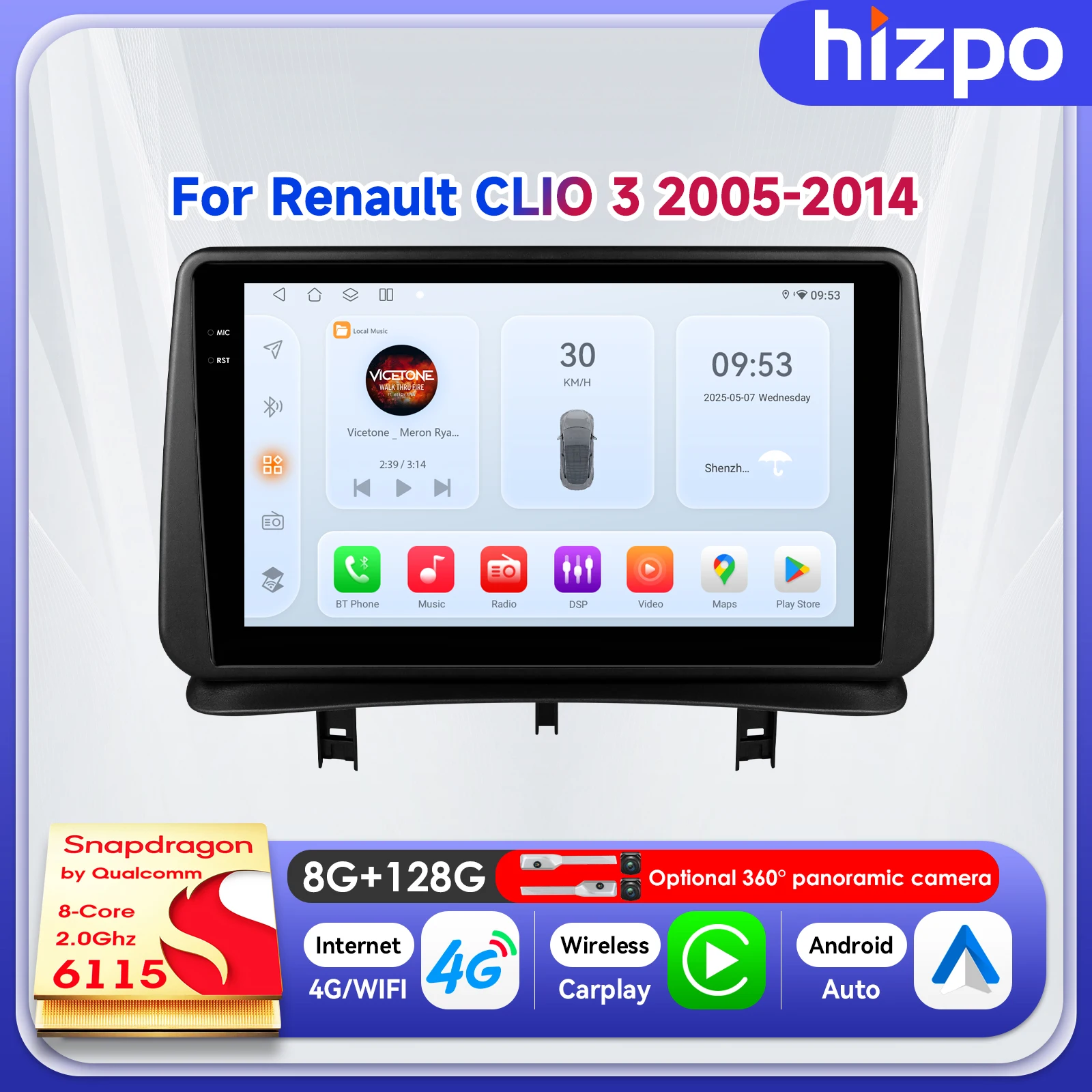 

Hizpo 9" Wireless CarPlay Android Auto Car Radio for Renault Clio 3 2005-2014 Touch Screen Autoradio Navigation SWC DSP 8+128G
