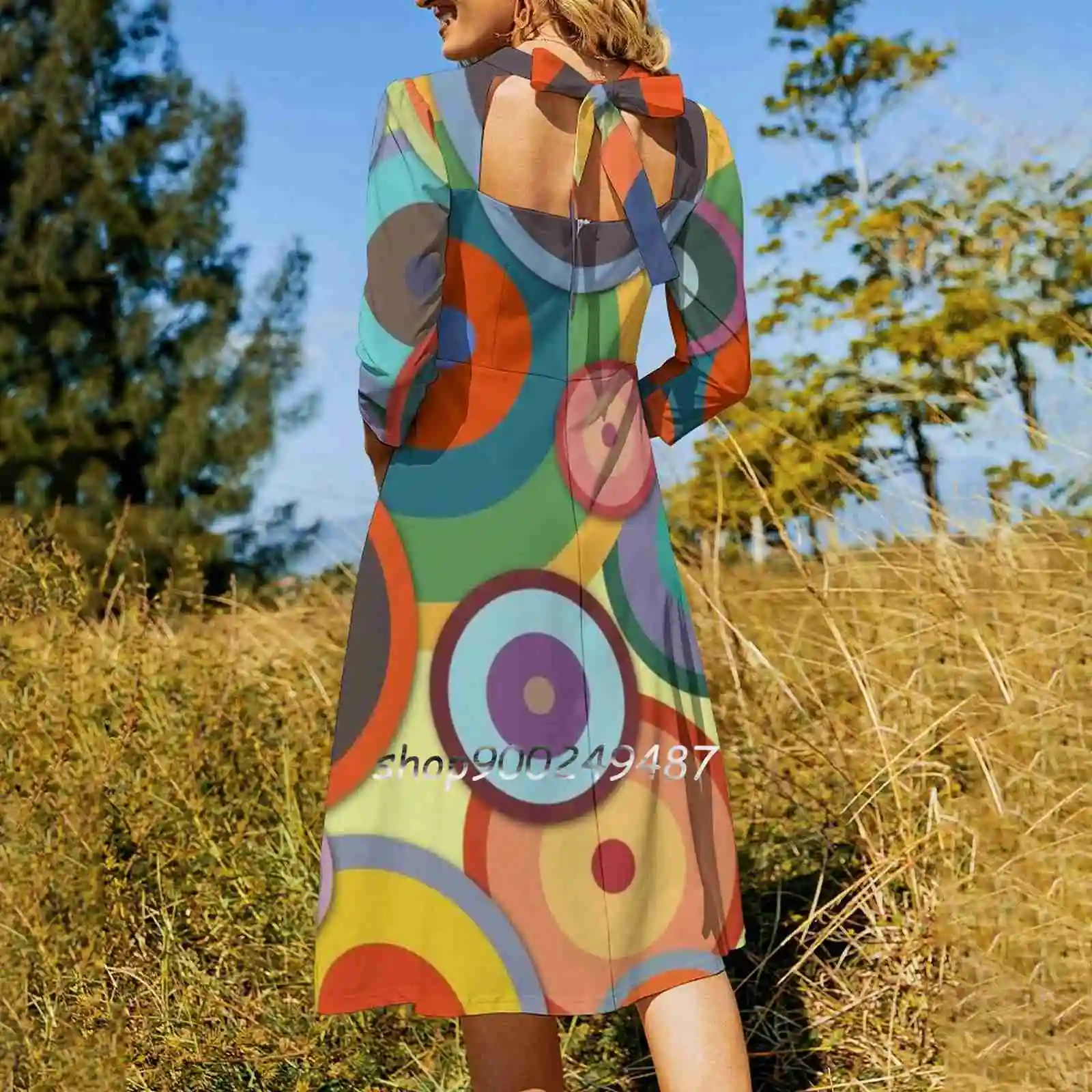 Kandinsky #3 Flare Dress Square Neck Dress Elegant Female Fashion Printed Dress Geometric Abstract Concentric Circles Colorful