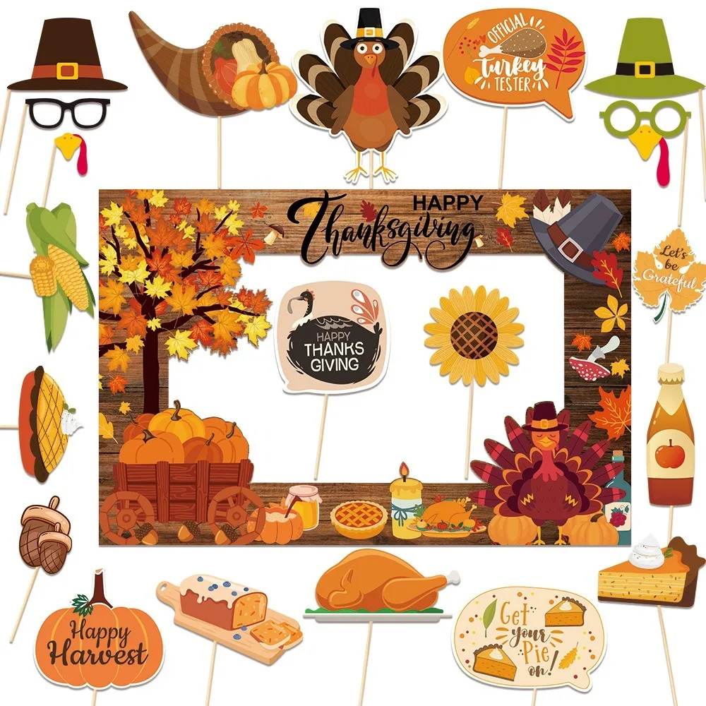 

21pcs Cartoon Thanksgiving Photobooth Prop Glasses Mask Party Paper Frame Pumpkin Turkey Autumn Leaves Handheld Frame Prop
