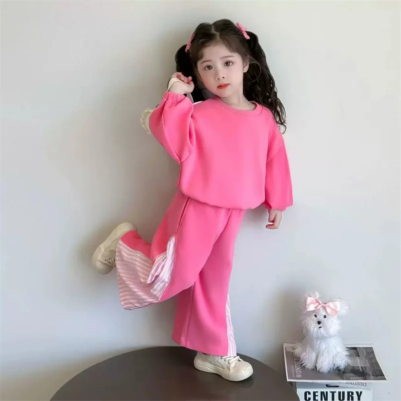 2026 New Girls Bow Tie Set Children Casual Suit Spring Long-Sleeved Striped Sweatshirt Pants 2Pc Kids Loose Outfit Autumn Clothe 2