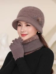 Winter Knitted Hat for Women Rabbit Hair and Cashmere Winter Bib Set in Foreign Style for Elderly Mothers Warm Woolen Hat