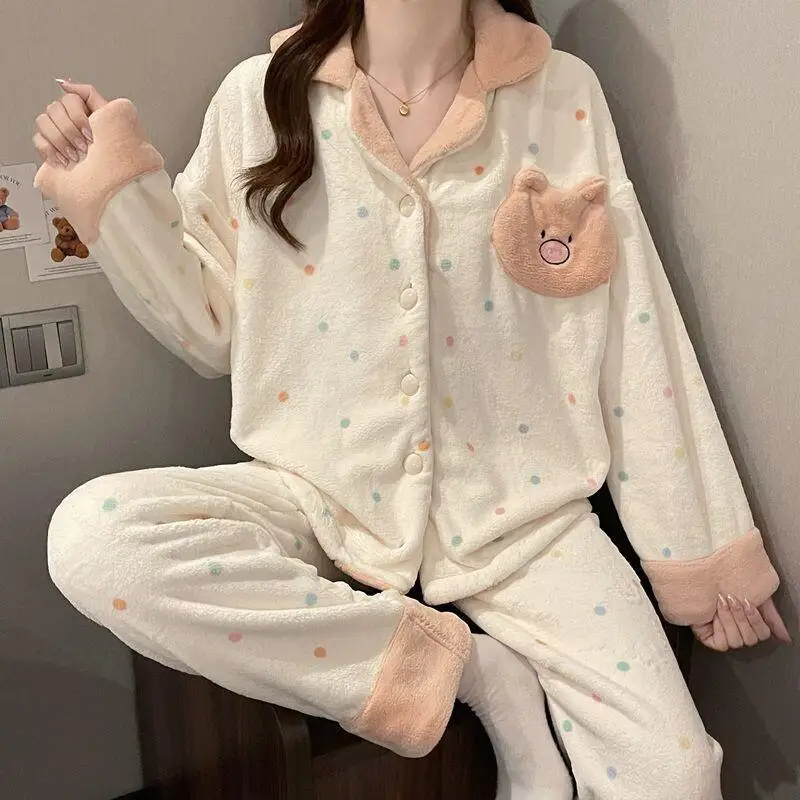 

Women's Sleepwear Cotton Pajama Set Sweet Polka Dots Autumn Winter Flannel Pajamas Women Cute Little Pigs Homewear Custom Sleep