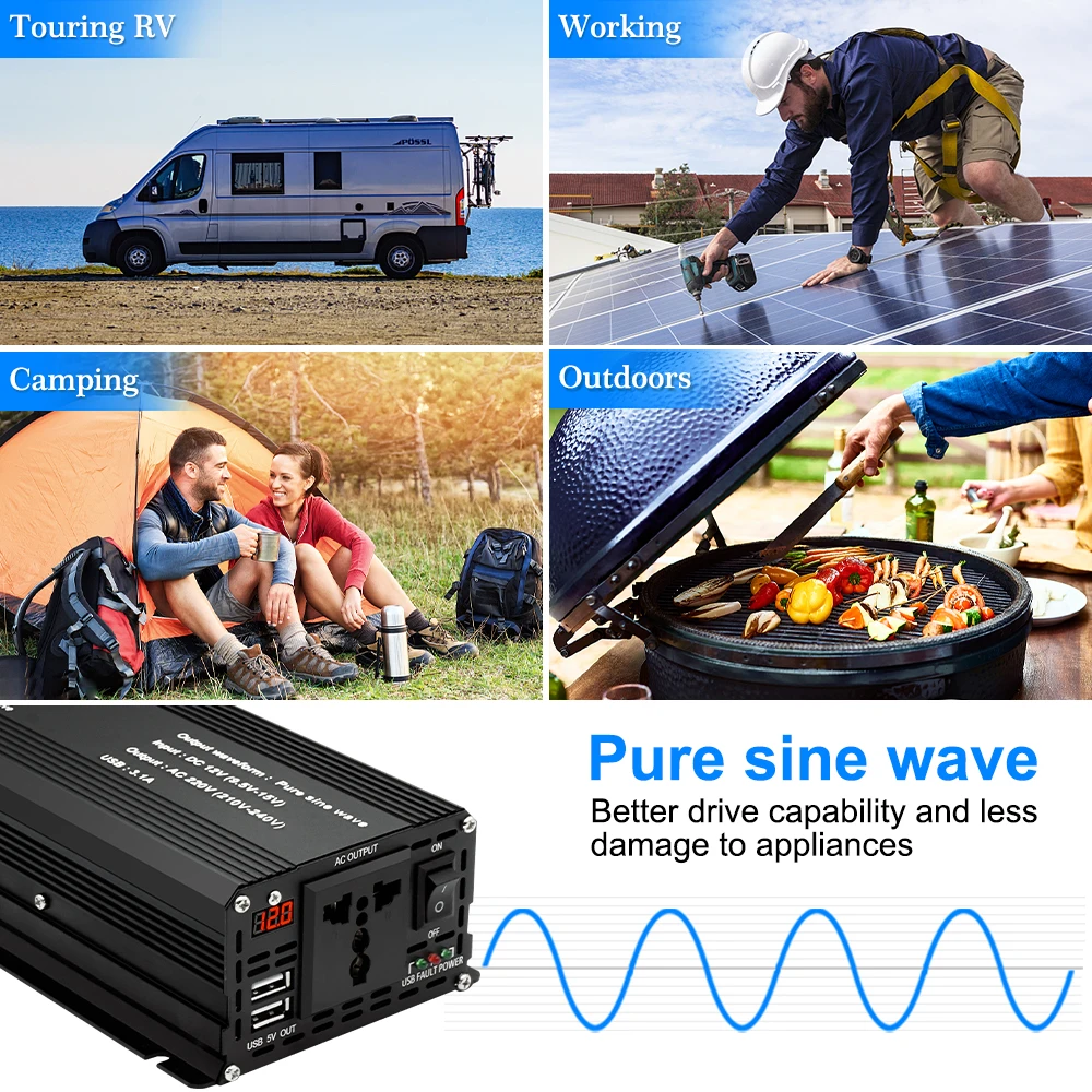 2200W Pure Sine Wave Power Inverter 12V DC to 220V 50HZ 60HZ AC With EU UN AC Outlets