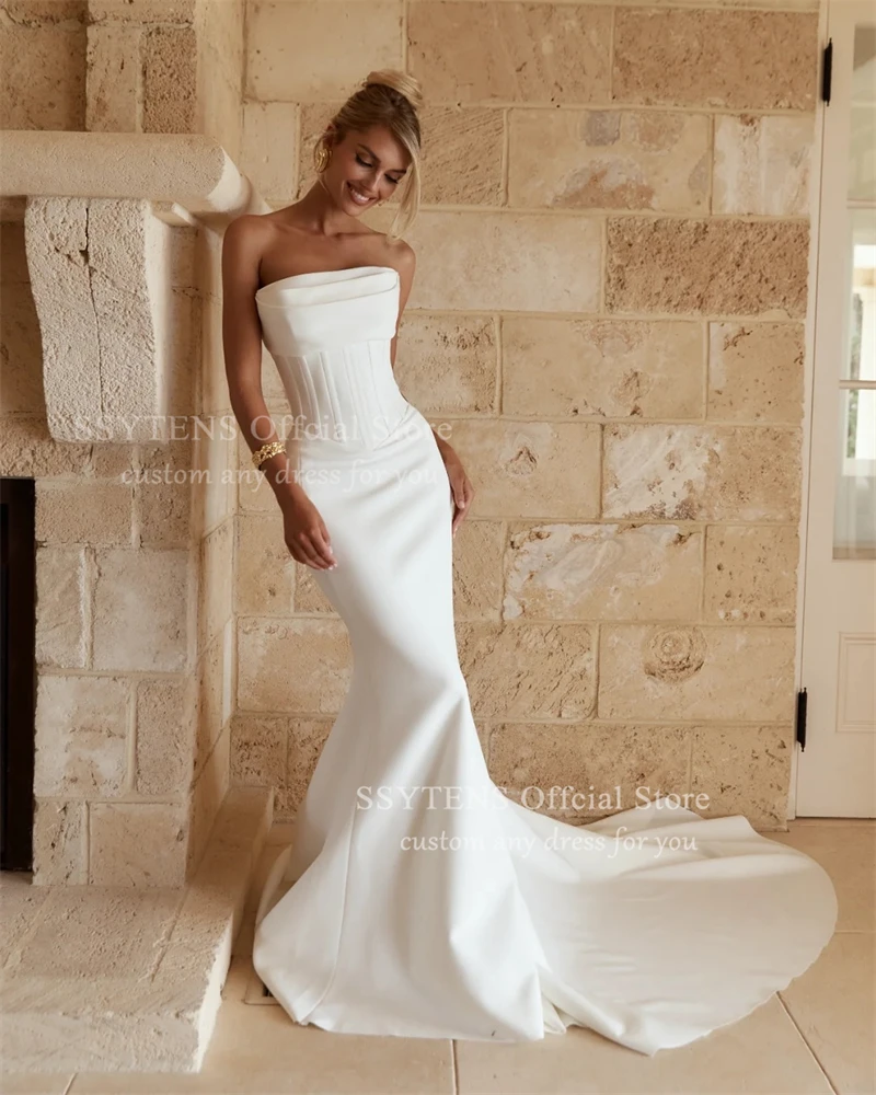 Ssytens simples sereia branco vestidos de casamento cetim sem costas vestido de noiva trem varredura vestido de noiva vestidos de fiesta personalizado