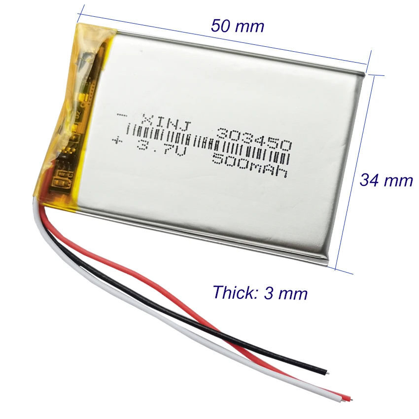 3.7V 500mAh 1.85Wh Thermistor 3 Wires 303450 Replacement Li Lipo Rechargeable Battery For Car Camera Bluetooth Speaker LED Light