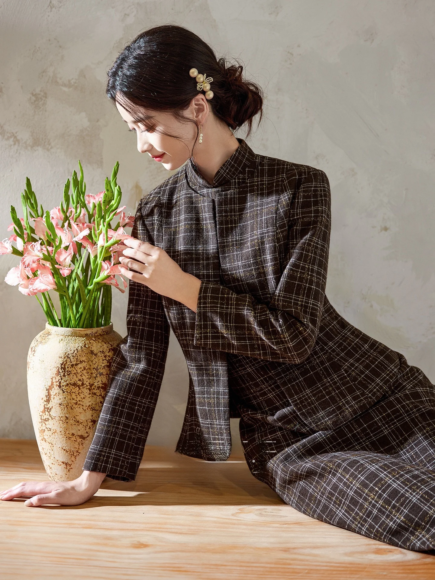 Young Style Long Sleeve  Set Waist-Cinched Suitable for Office Wear Daily Low Slit Chinese Artistic Long Dress