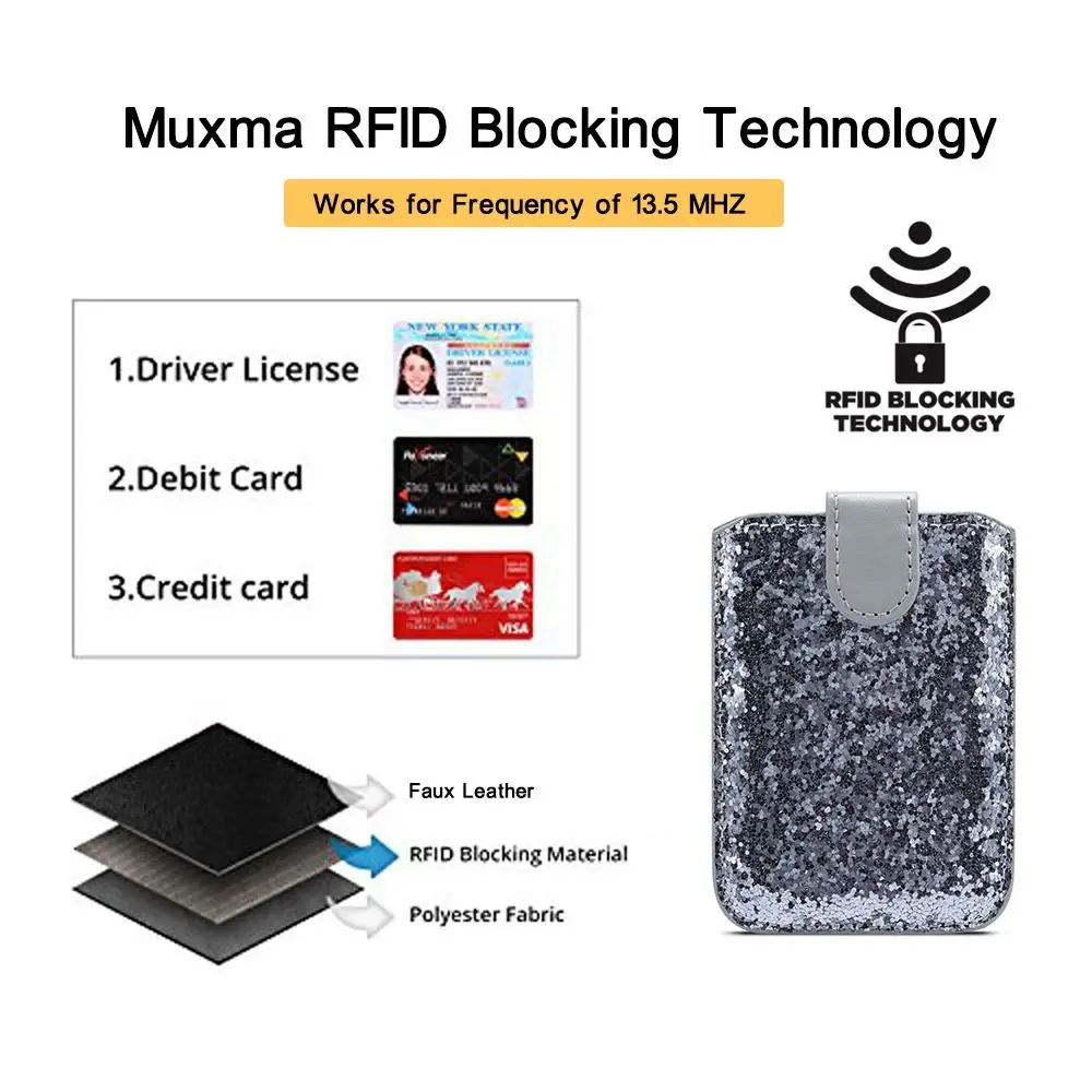 Adhesive Sticker RFID Blocking Credit Card Holder Glitter Bling Compact Credit ID Card Pocket 5 Cards Portable