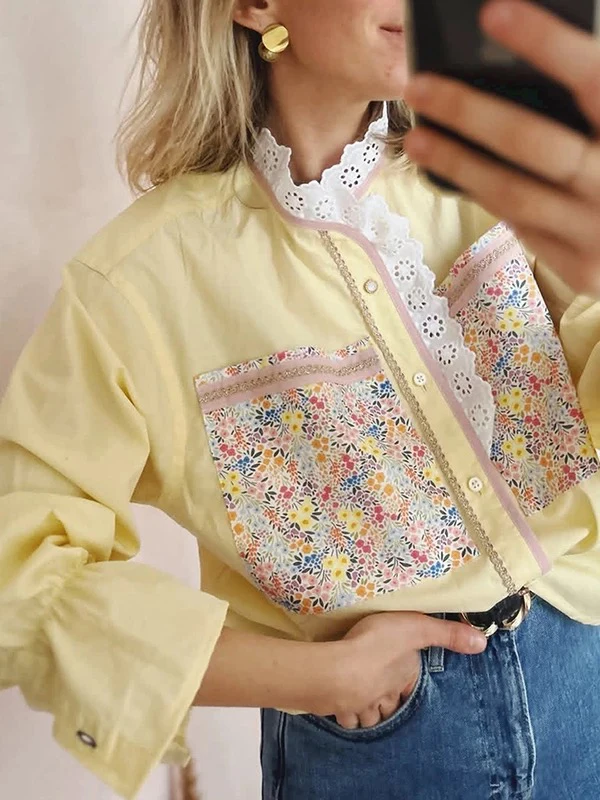 

HEIDD Spring Summer 2026 Long Sleeve Lace Trim Printed Pocket Shirt Yellow Floral Patchwork Cotton Commute Style Women's Shirt
