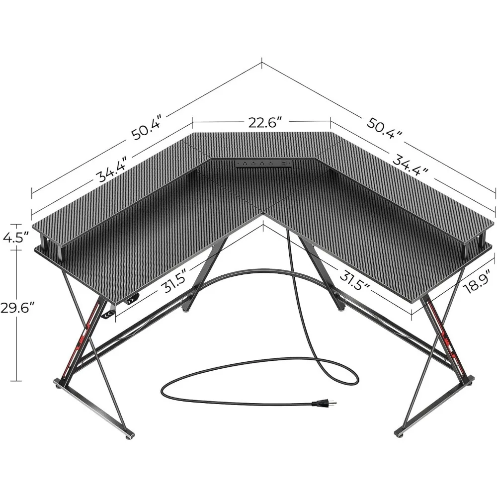 L-Shaped Gaming Desk with LED Lights, Power Outlets, Monitor Stand, Carbon Fiber Surface - Black