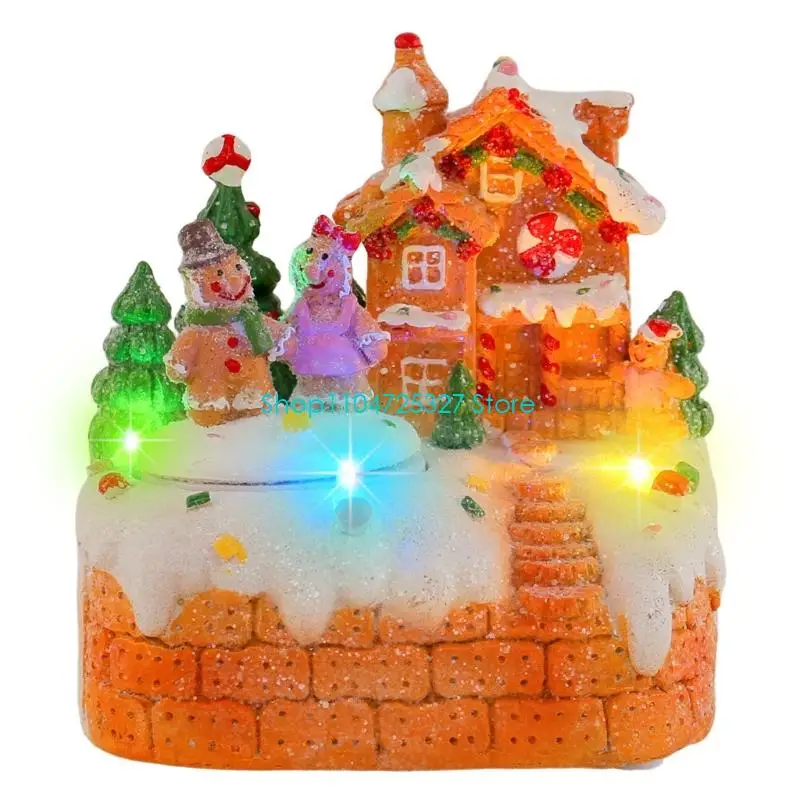 D8KF Mini Resins Rotating Gingerbreads House Christmas Music Box with Light Home Decors