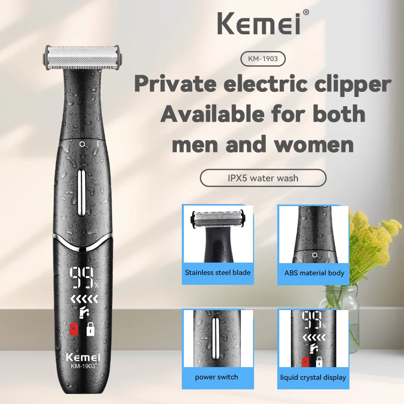 Kemei KM-1903 Unisex Private Electric Trimmer Electric Hair Shaver with LCD Display – All-in-One Full Body Hair Removal Device