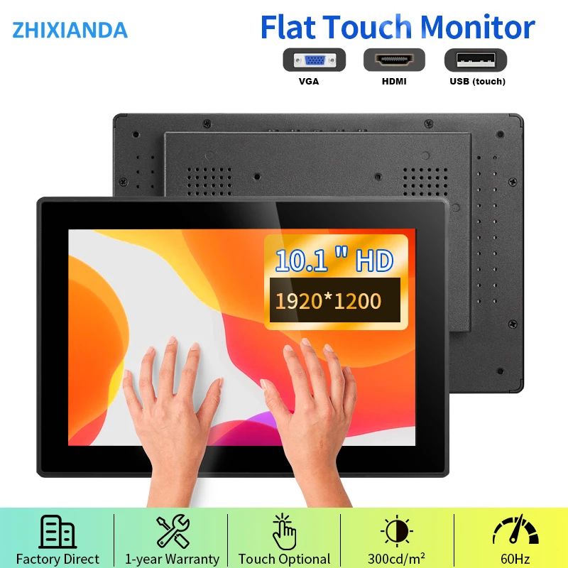 10.1 Inch 1920*1200 Waterproof Flat True Capacitive Touch Screen Monitor Wterproof Wall Mount Industrial Display With VGA HDMI