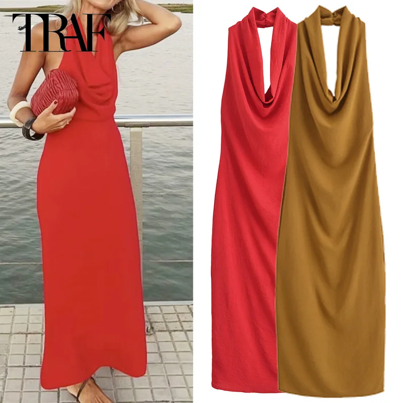 TRAF Evening Pleated Dresses Women Dresses Long Halter Dresses Summer Autumn 2024 Ladies Fashion Backless Red Camel Dresses