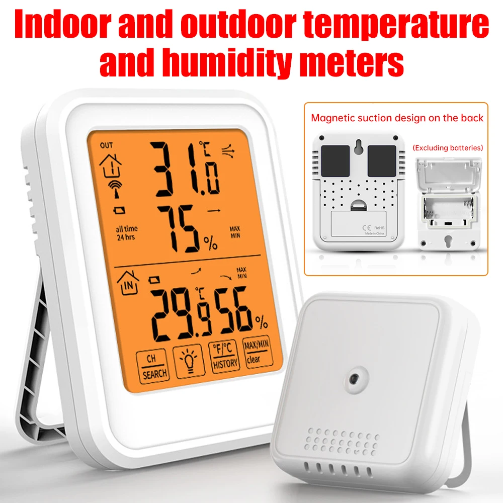 

Wireless Digital Room Indoor Outdoor Thermometer Hygrometer Time Date Display Touch Screen Temperature Humidity Meter for Home