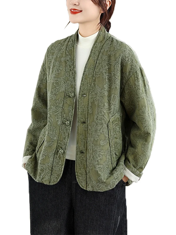 Retro Chinesische Sle V-Ne Button-Up Baumwolle Jaet Lose Beiläufige Warme Blumen Stickerei frauen Mantel Thiened Lange Sve