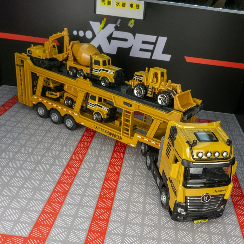 Simulation de véhicule de transport à deux étages 1:50, véhicule d'ingénierie, remorque acousto-optique, véhicule en alliage rétractable, détails riches