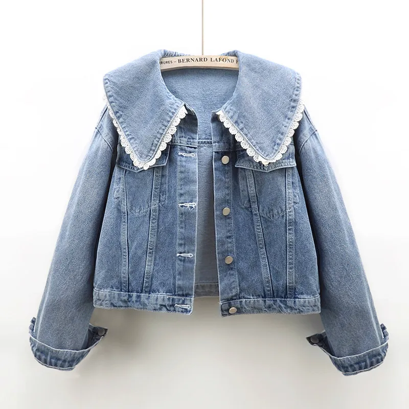 

2024 Spring Vintage Lace Doll Collar Blue Denim Jacket Women Casual Short Jeans Jacket Ladies Loose Student Cowboy Outwear B228