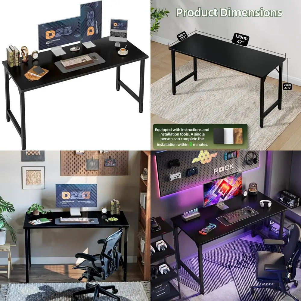 

Adjustable Feet 47 Inch Gaming Desk for Home Office, Study, and Kids' Writing Table - Simple Black PC Desk with Stability Featur