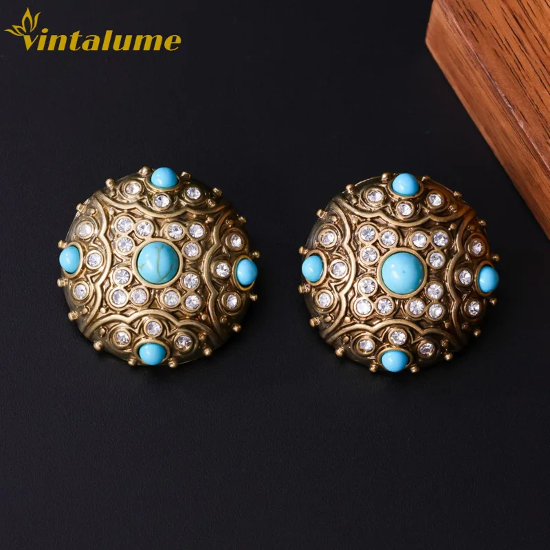 

Винтажные серьги-гвоздики с бирюзой, позолоченные, с кристаллами, круглые, в стиле бохо, эффектные, для вечеринок, подарок, украшения Vintalume