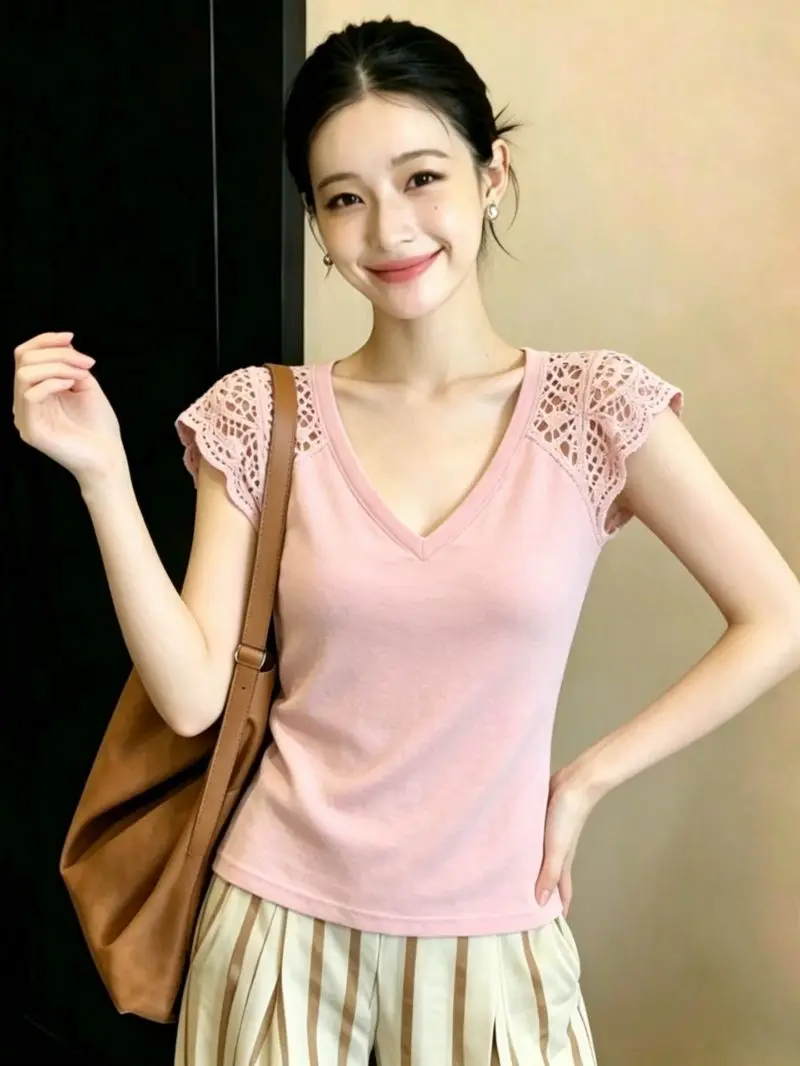 Pink V-Neck Hollow out Hook Flower Sleeveless T-Shirt Women's Summer New Elegant Design Slimming Top Korean Style Commute