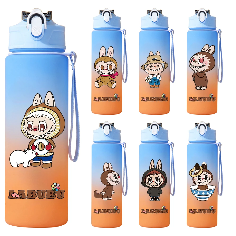 

750ML Labubu Gradient Orange Water Cup Portable Plastic Large Capacity Cartoon Figures Cup Outdoor Sports Drinking Water Bottle