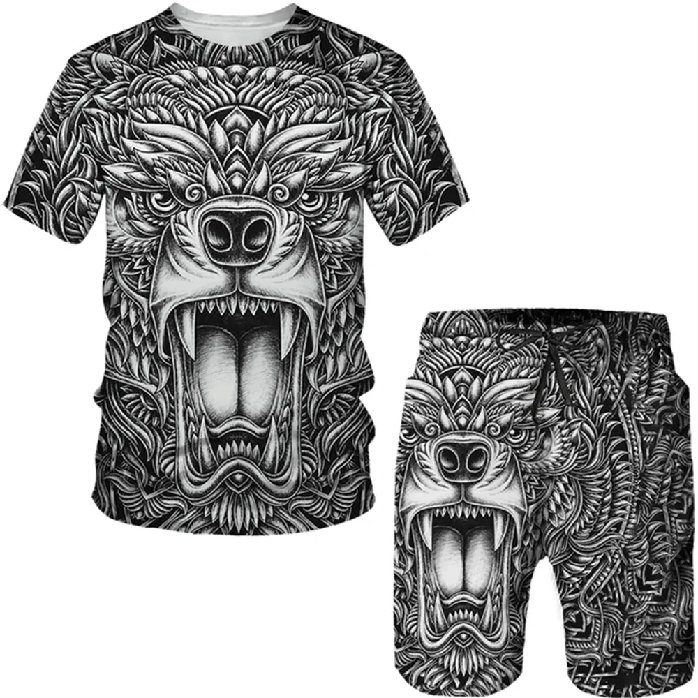 Pantalones cortos deportivos con estampado de lobo 3D para hombre, Conjunto de camiseta de manga corta, traje de moda, chándal de 2 piezas