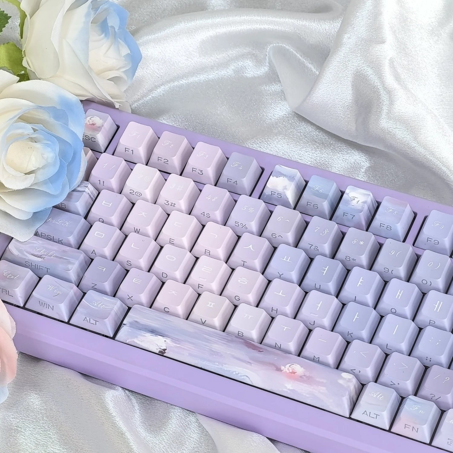 Imagem -04 - Dreamy Roxo Coreano Keycap Teclado Mecânico Pbt Cereja Lado Gravado Translúcido Key Caps Monet Water Lily 130 Chaves