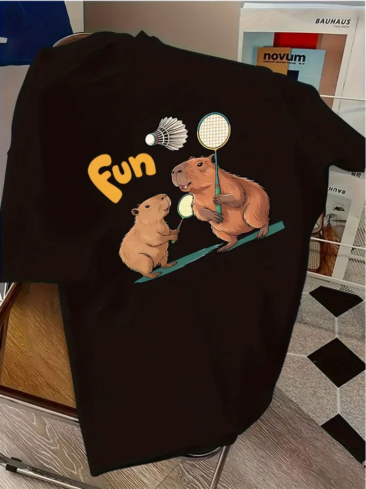 Male Cotton Crew Neck Tee Cartoon Capybara Play Badminton Fun Print Loose Short Sleeve Casual Summer Sports Daily Animal T Shirt - view 2