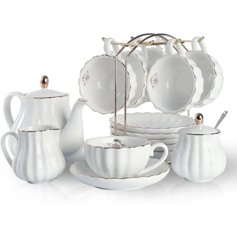 Porcelain Tea Sets British Royal Series, 8 OZ Cups& Saucer Service for 6, with Teapot Sugar Bowl Cream Pitcher Teaspoons