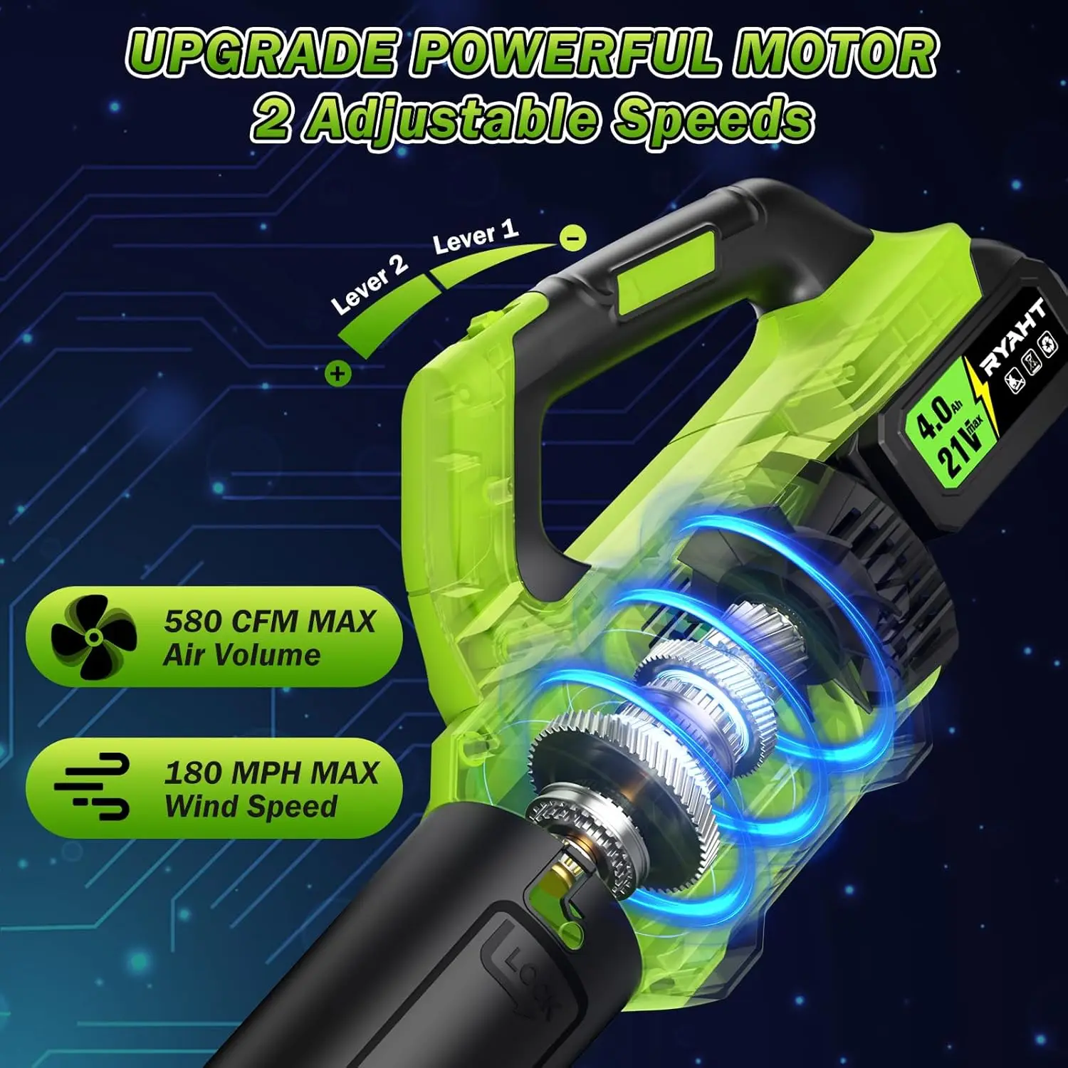コードレスリーフブロワー、バッテリー2個付き、21V軽量電動ブロワー、芝生のお手入れや清掃に