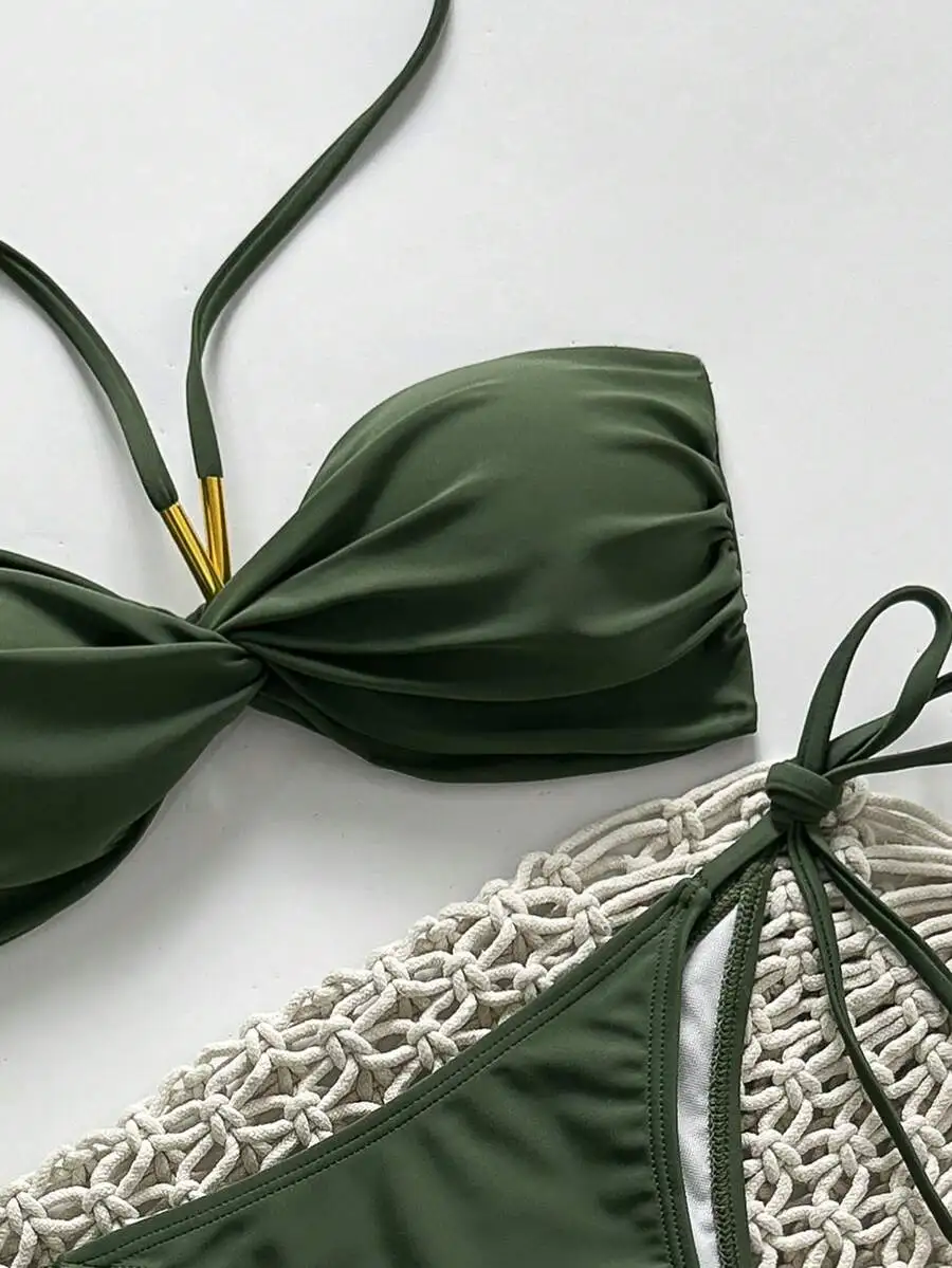 Women Solid Color Halter Tie Bikini Swimwear Set Green Beach Holiday