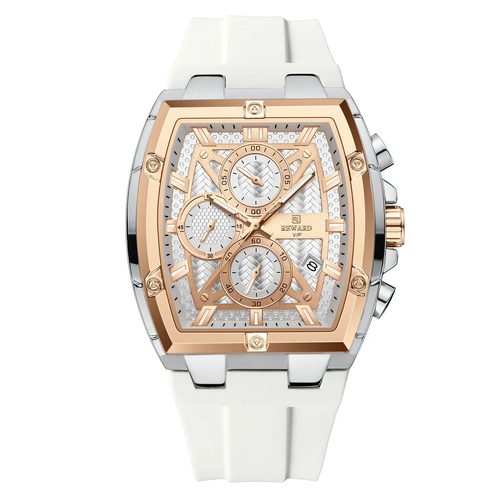 

Reward new men's wine barrel six pin watch with calendar, multifunctional sports quartz cousin skin silicone strap men's watch-1