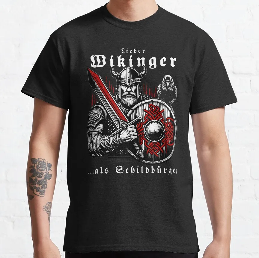 

Viking with sword, shield and raven Gift t shirt Norse Mythology Valhalla Graphic clothes Son Of Odin print tee All size tops