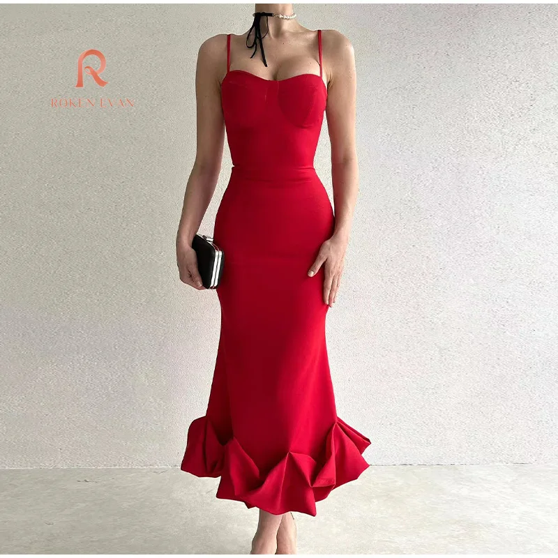 

Roken Evan 2024 Sexy Muslim Dress Women Spaghetti with Prom Dress for Sleeveless Bodycon Dresses Ruffled Hem Kaftan Abaya Dubai